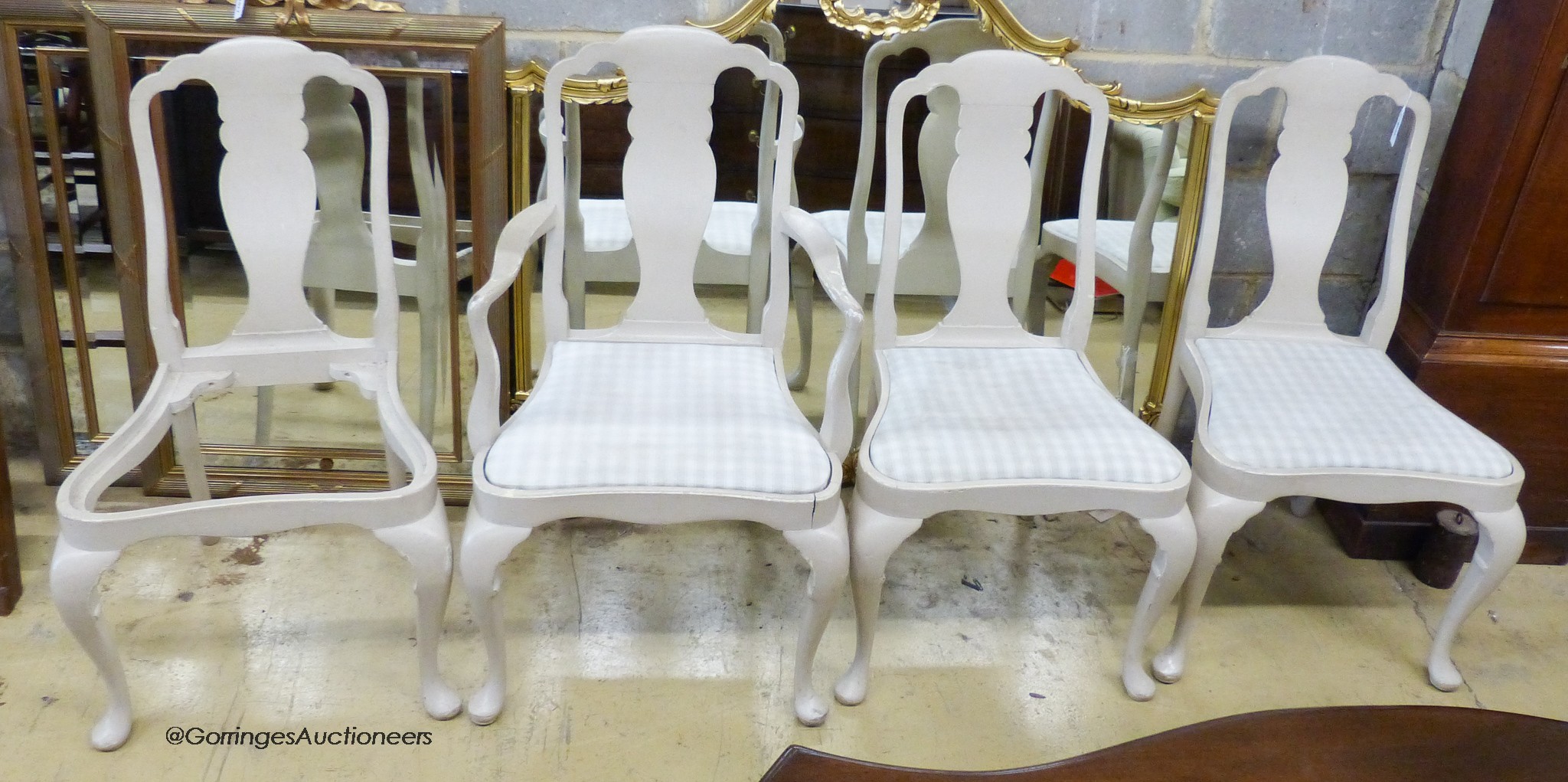 Four Queen Anne style painted dining chairs, One with arms.